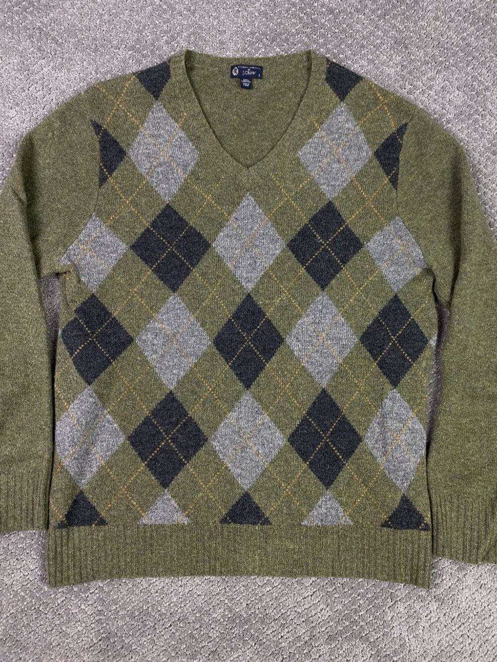 J. CREW Lambswool Argyle Sweater Mens Large Green Diamond Preppy N-Neck